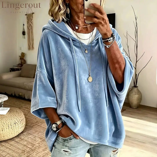 Velvet Drawstring Hooded Three-Quarter Sleeve Top