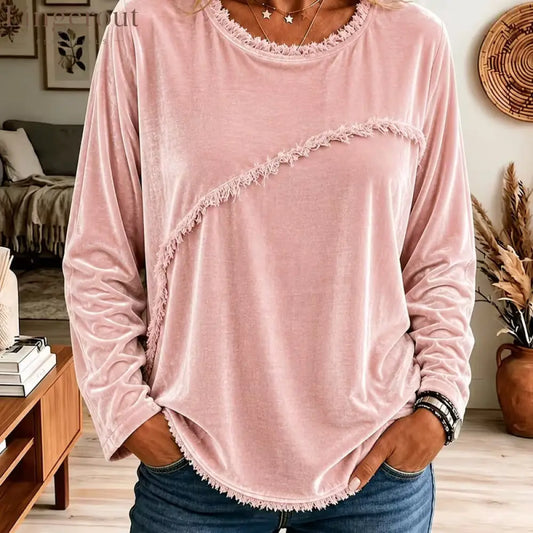 Velvet Fringe Trim Long‑Sleeve Top