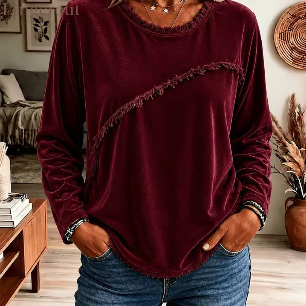 Velvet Fringe Trim Long‑Sleeve Top