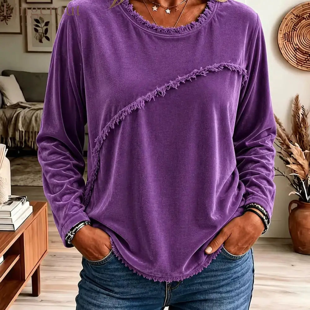 Velvet Fringe Trim Long‑Sleeve Top - Purple / S