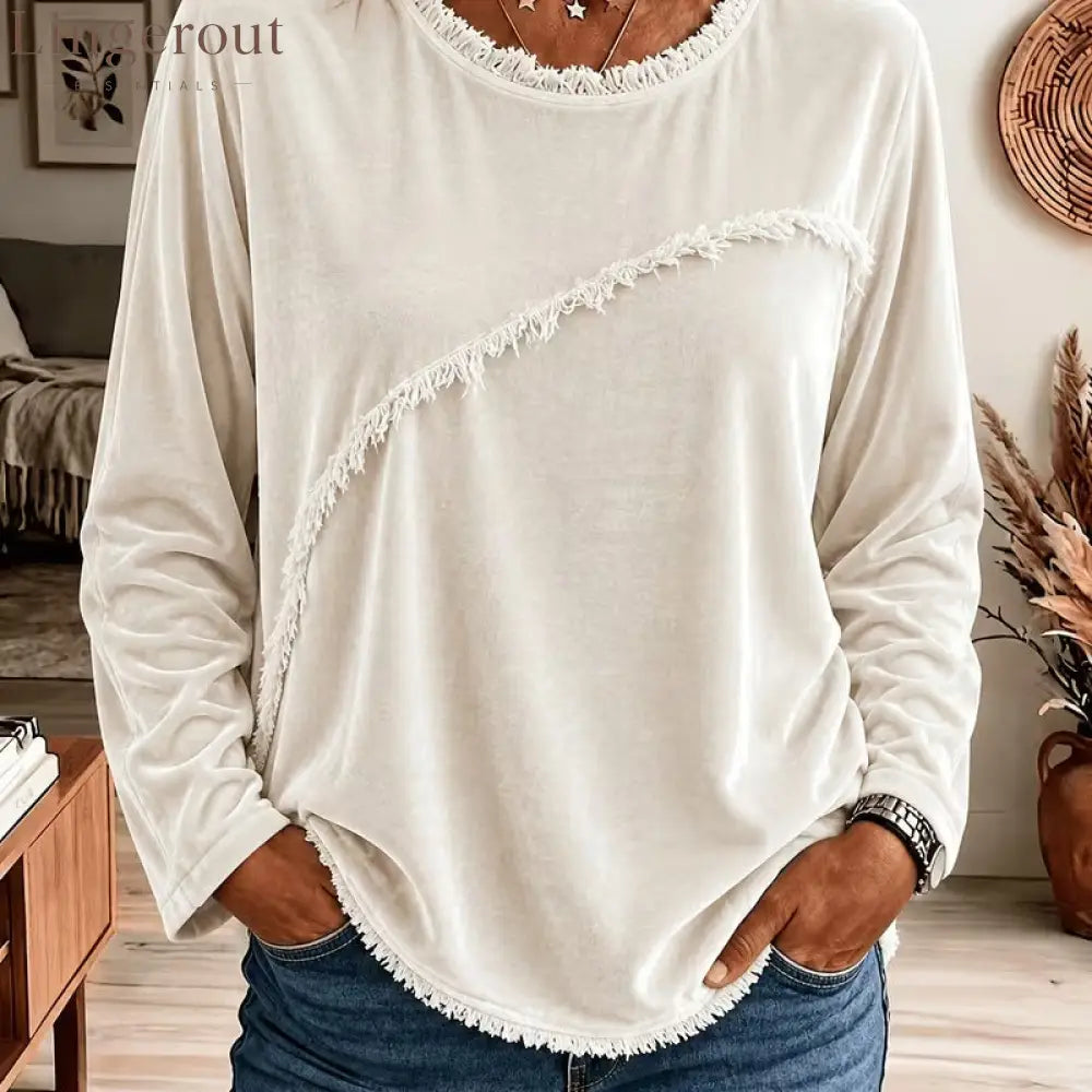 Velvet Fringe Trim Long‑Sleeve Top - White / S