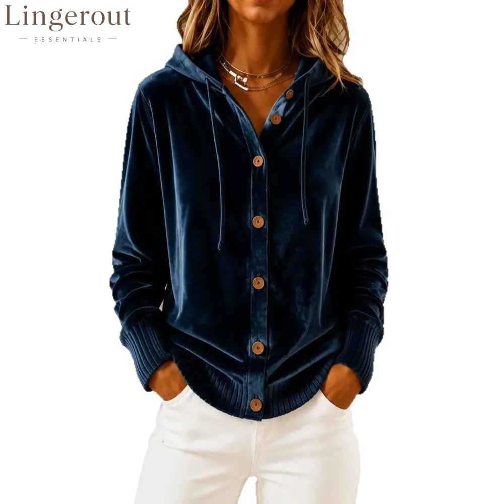 Velvet Hooded Button Front Rib Cuff Cardigan