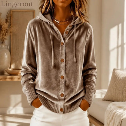Velvet Hooded Button Front Rib Cuff Cardigan