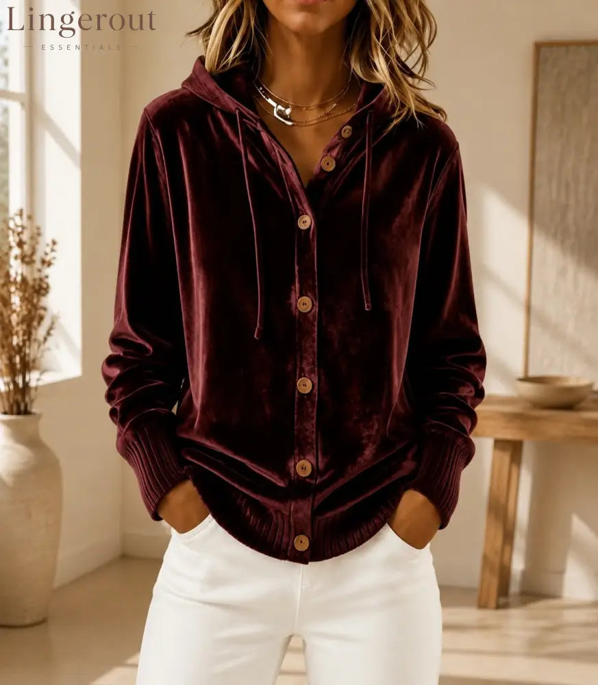 Velvet Hooded Button Front Rib Cuff Cardigan - Claret / S