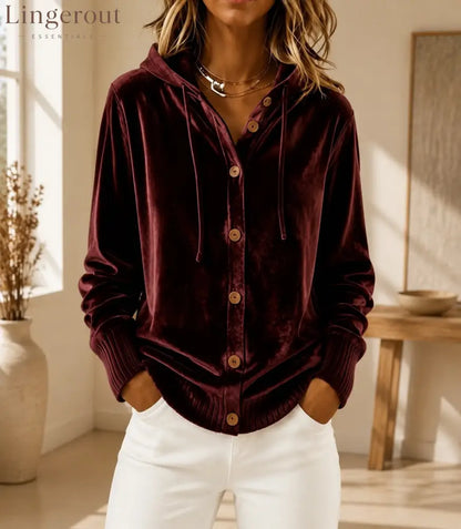 Velvet Hooded Button Front Rib Cuff Cardigan - Claret / S