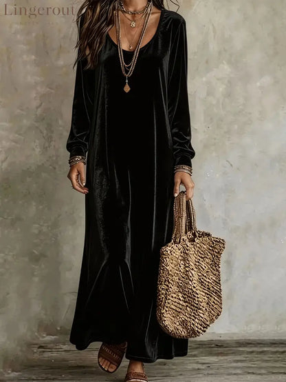 Velvet Long Sleeve Maxi Dress - Black / S