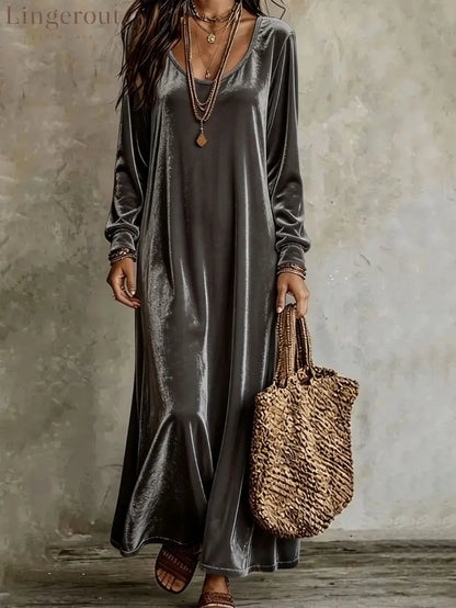 Velvet Long Sleeve Maxi Dress - Gray / S