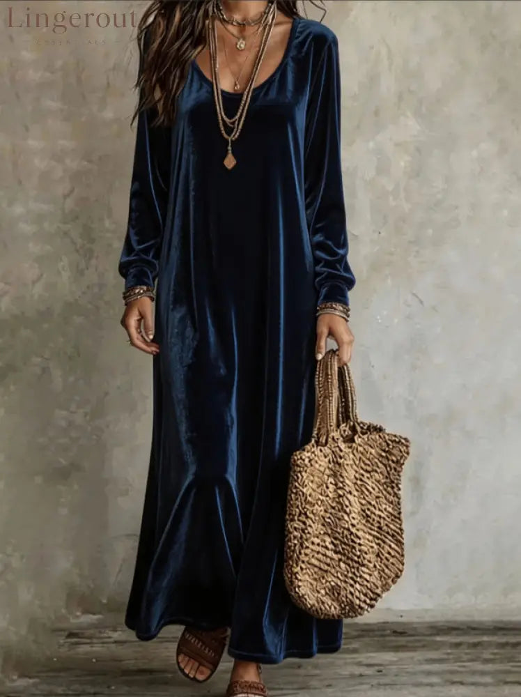 Velvet Long Sleeve Maxi Dress - Navy / S