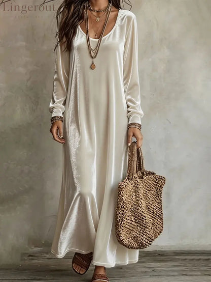Velvet Long Sleeve Maxi Dress - White / S