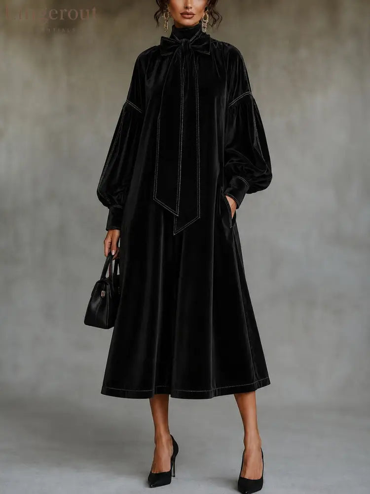 Velvet Midi Dress With Bow Detail And Lantern Sleeves - Black / XS(2) - Midi Dresses