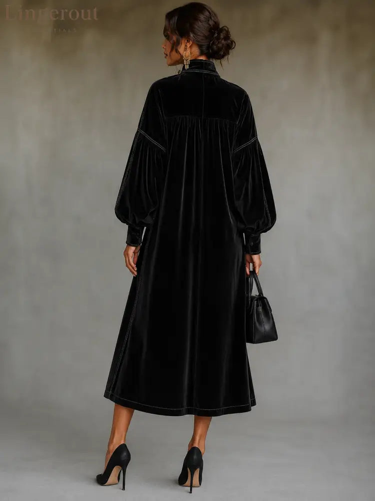 Velvet Midi Dress With Bow Detail And Lantern Sleeves - Midi Dresses