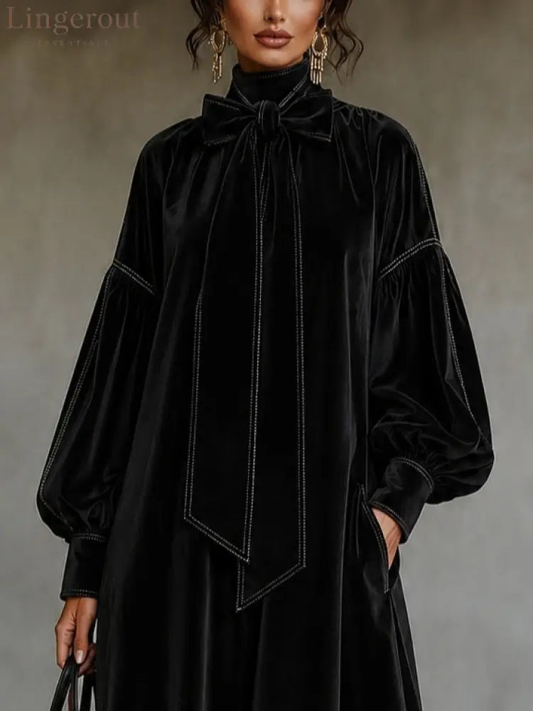Velvet Midi Dress With Bow Detail And Lantern Sleeves - Midi Dresses