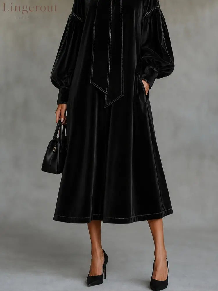 Velvet Midi Dress With Bow Detail And Lantern Sleeves - Midi Dresses