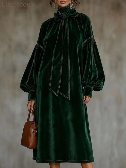 Velvet Midi Dress With Bow Detail And Lantern Sleeves - Green / XS(2) - Midi Dresses