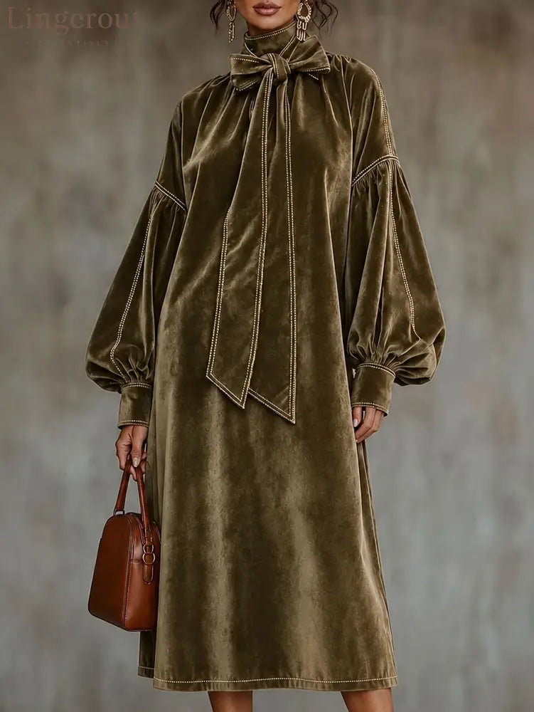 Velvet Midi Dress With Bow Detail And Lantern Sleeves - Khaki / XS(2) - Midi Dresses