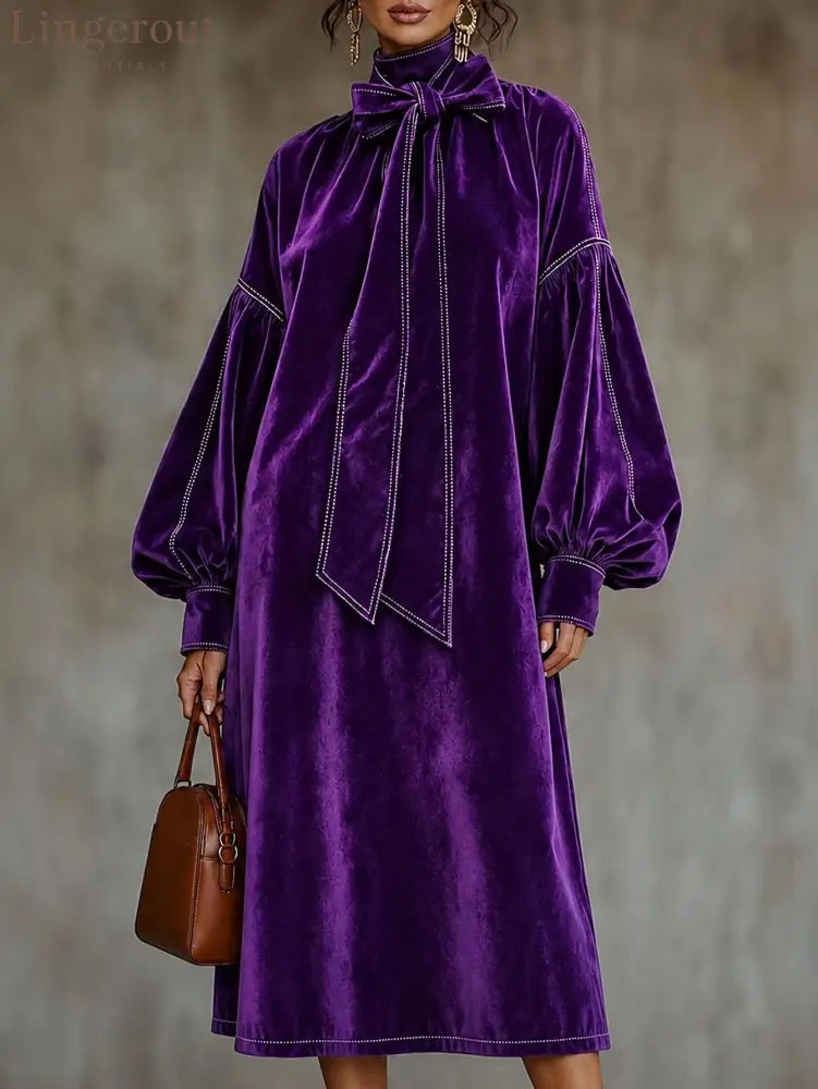 Velvet Midi Dress With Bow Detail And Lantern Sleeves - Purple / XS(2) - Midi Dresses