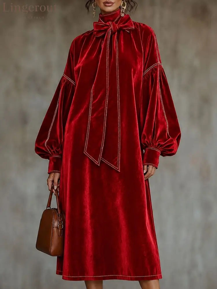Velvet Midi Dress With Bow Detail And Lantern Sleeves - Red / XS(2) - Midi Dresses