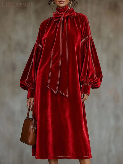 Velvet Midi Dress With Bow Detail And Lantern Sleeves - Red / XS(2) - Midi Dresses