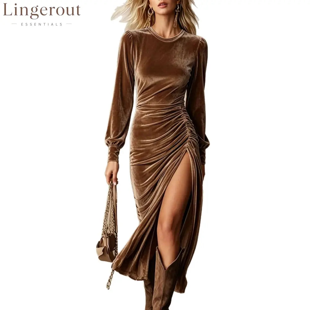 Velvet Ruched Side‑Slit Long‑Sleeve Midi Dress