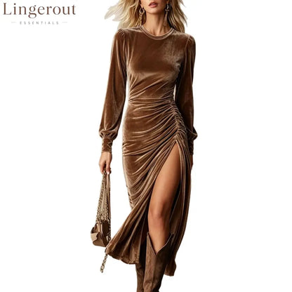 Velvet Ruched Side‑Slit Long‑Sleeve Midi Dress