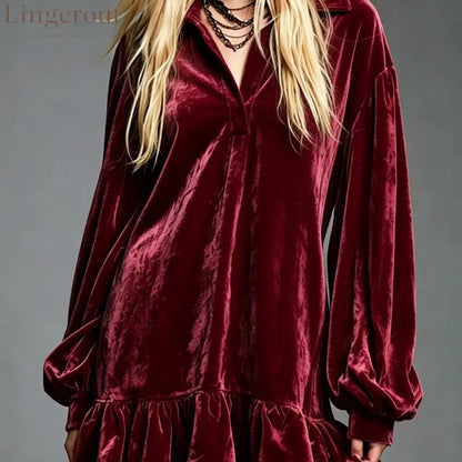 Velvet Ruffle Hem Mini Dress Women Lapel Long Sleeve Loose Casual Tunic Dress