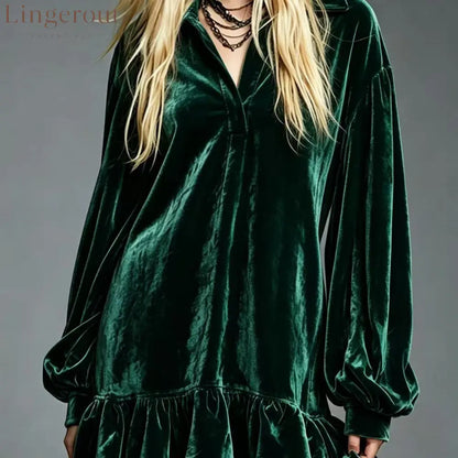 Velvet Ruffle Hem Mini Dress Women Lapel Long Sleeve Loose Casual Tunic Dress