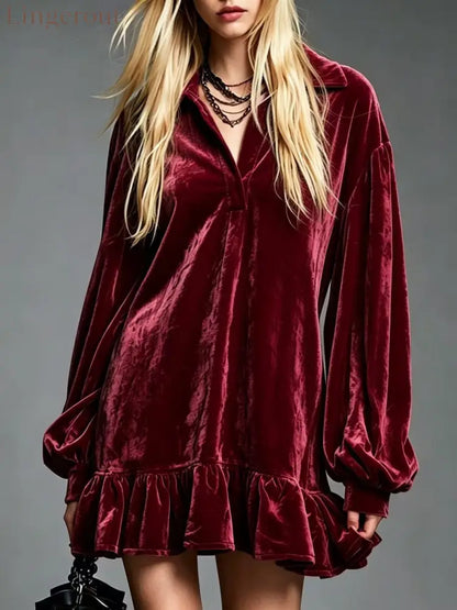 Velvet Ruffle Hem Mini Dress Women Lapel Long Sleeve Loose Casual Tunic Dress - Burgundy / S