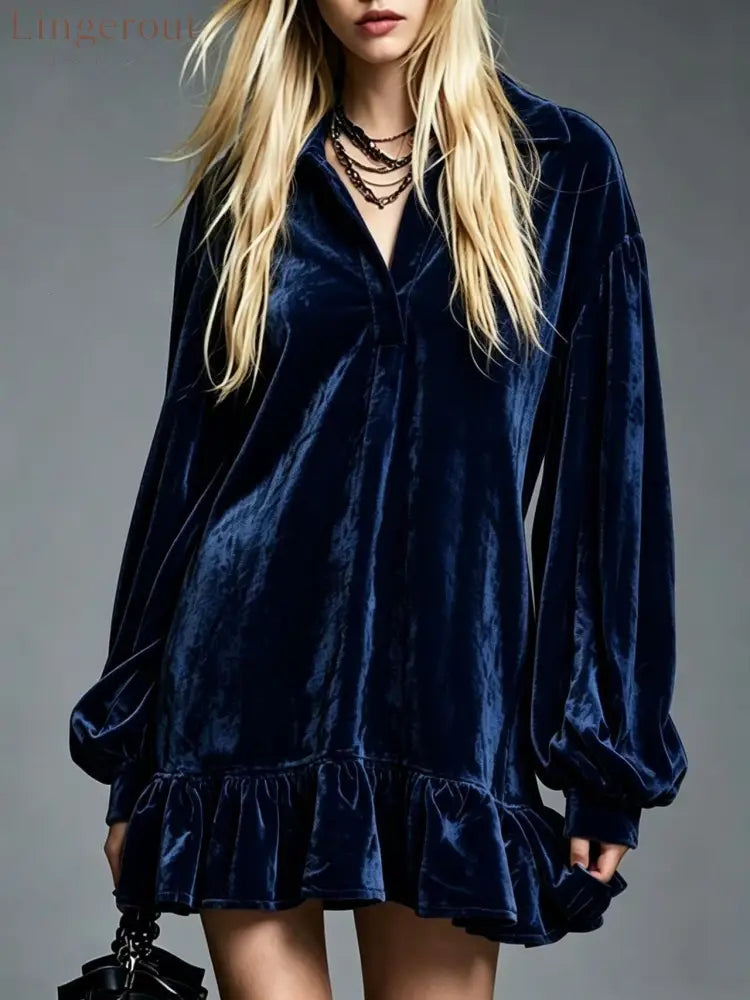 Velvet Ruffle Hem Mini Dress Women Lapel Long Sleeve Loose Casual Tunic Dress - Dark Blue / S