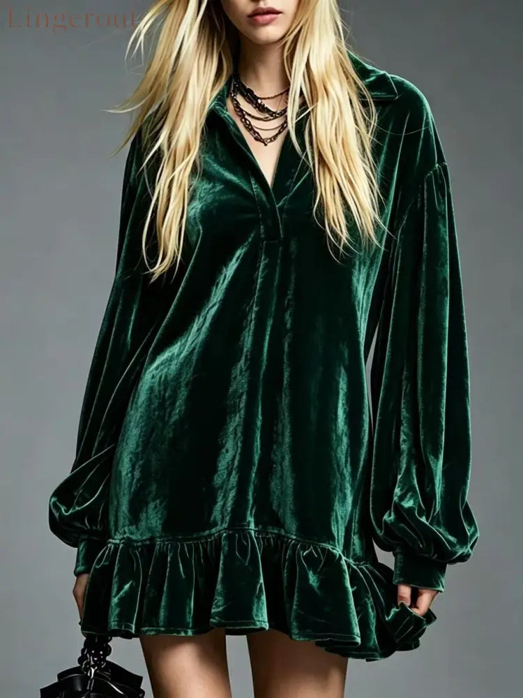 Velvet Ruffle Hem Mini Dress Women Lapel Long Sleeve Loose Casual Tunic Dress - Dark‑Green / S