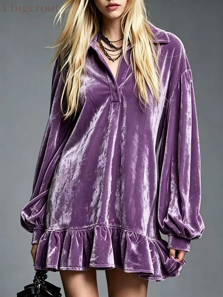 Velvet Ruffle Hem Mini Dress Women Lapel Long Sleeve Loose Casual Tunic Dress - Dark Violet / S