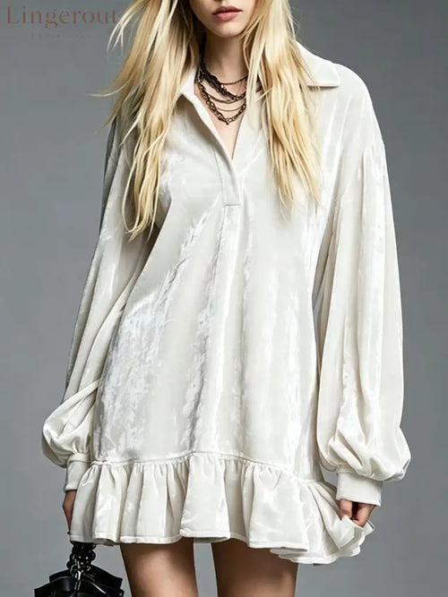 Velvet Ruffle Hem Mini Dress Women Lapel Long Sleeve Loose Casual Tunic Dress - White / S