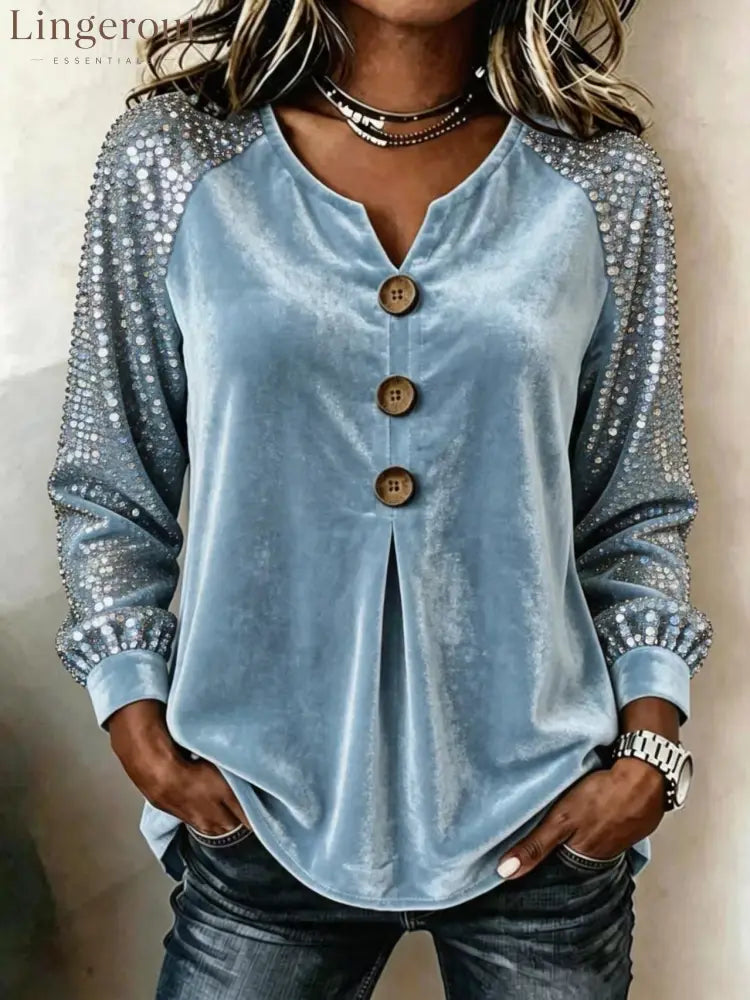 Velvet Sequin Sleeve Button-Down Top - Light blue / S