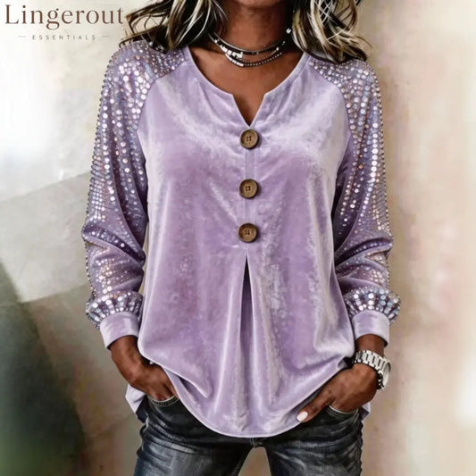 Velvet Sequin Sleeve Button-Down Top - Purple / S