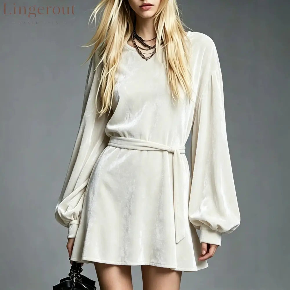 Velvet Tie‑Waist Balloon Long Sleeve Mini Dress