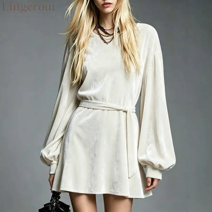 Velvet Tie‑Waist Balloon Long Sleeve Mini Dress