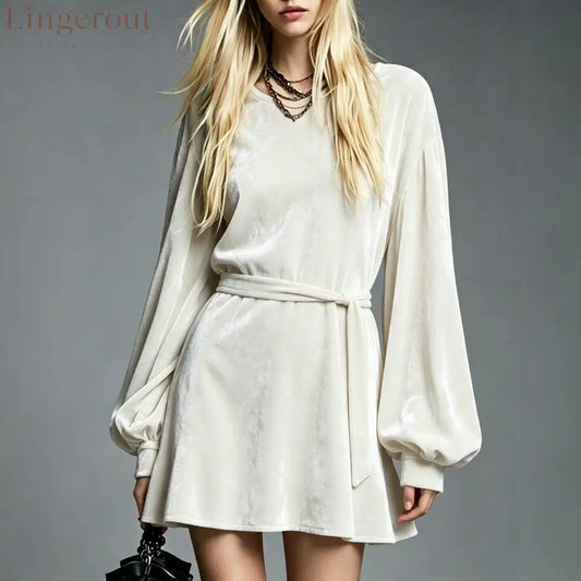 Velvet Tie‑Waist Balloon Long Sleeve Mini Dress