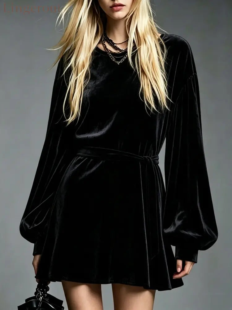 Velvet Tie‑Waist Balloon Long Sleeve Mini Dress - Black / S