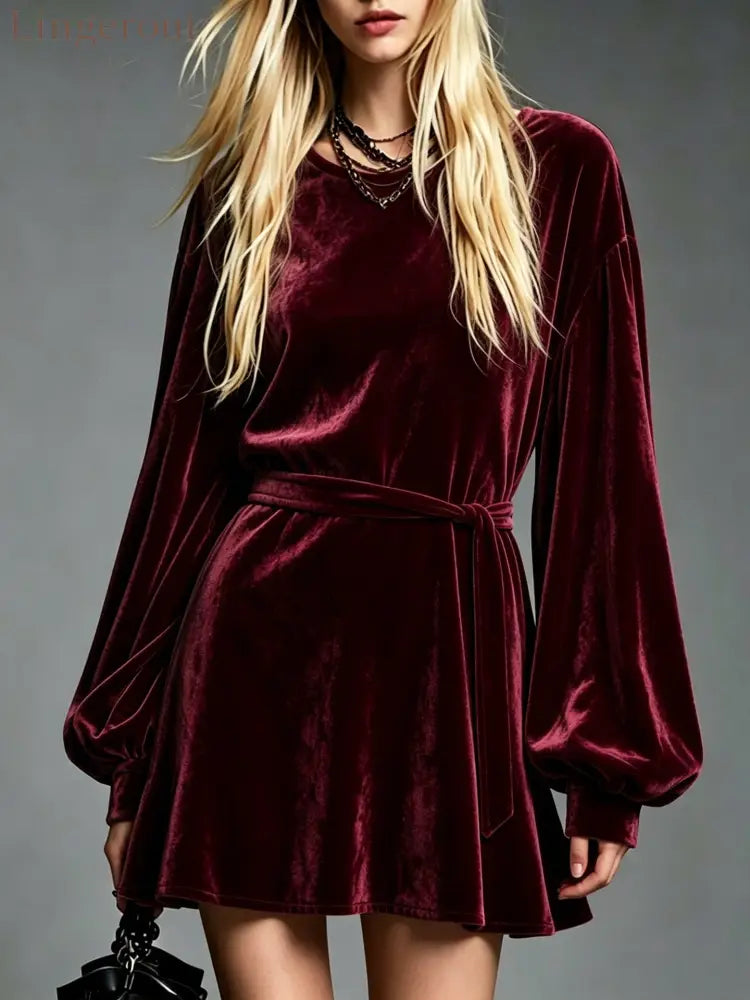 Velvet Tie‑Waist Balloon Long Sleeve Mini Dress - Burgundy / S