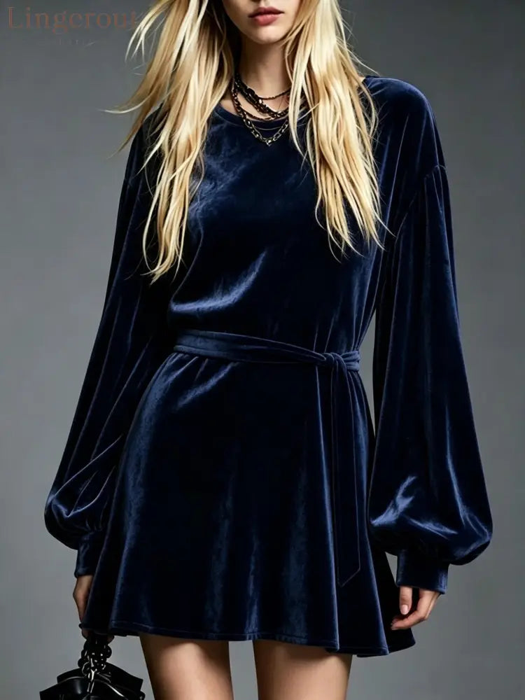 Velvet Tie‑Waist Balloon Long Sleeve Mini Dress - Navy blue / S