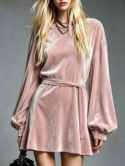 Velvet Tie‑Waist Balloon Long Sleeve Mini Dress - Pink / S