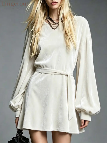 Velvet Tie‑Waist Balloon Long Sleeve Mini Dress - White / S