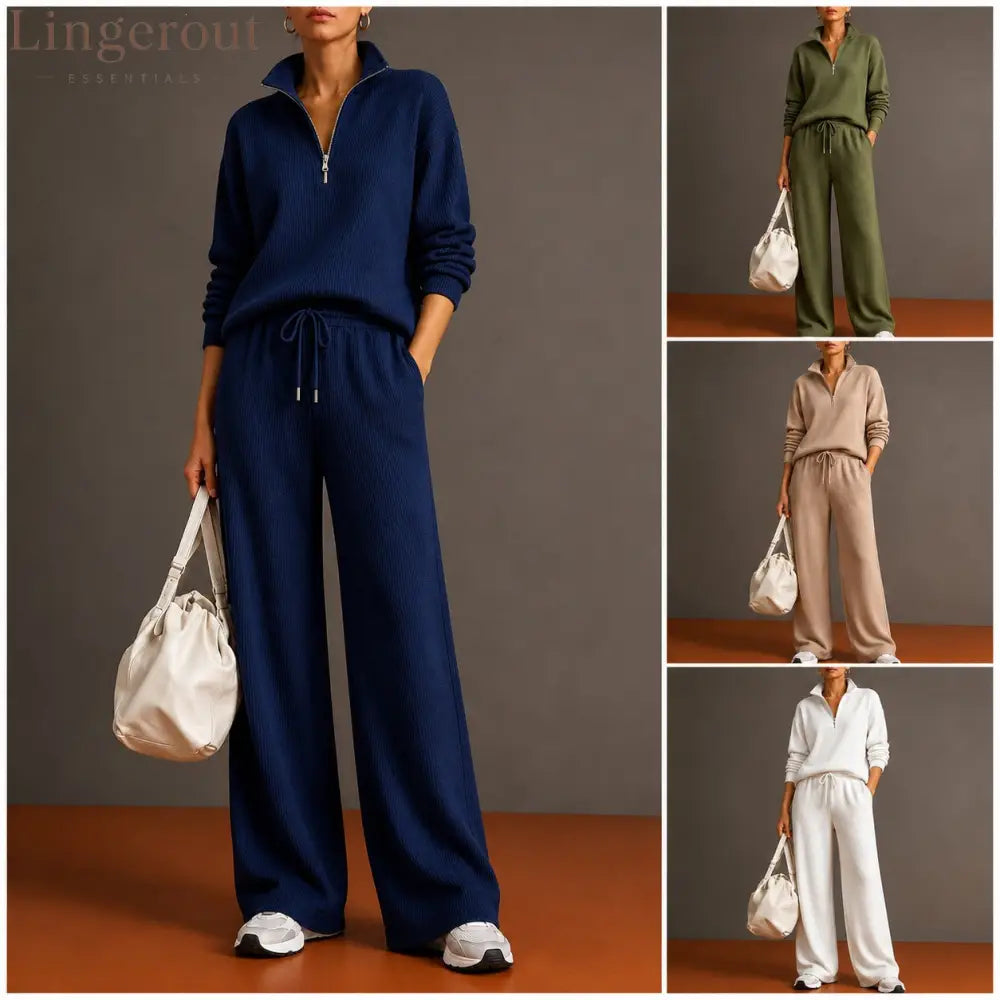 Vertical Rib Half Zip Stand Collar Two Piece Loungewear Set