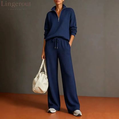 Vertical Rib Half Zip Stand Collar Two Piece Loungewear Set
