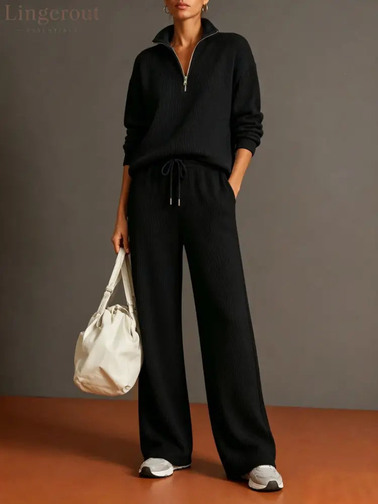 Vertical Rib Half Zip Stand Collar Two Piece Loungewear Set - Black / S