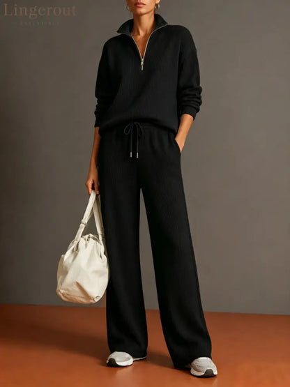Vertical Rib Half Zip Stand Collar Two Piece Loungewear Set - Black / S