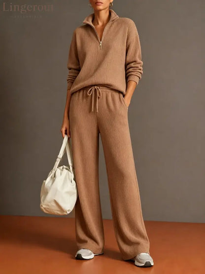 Vertical Rib Half Zip Stand Collar Two Piece Loungewear Set - Light brown / S