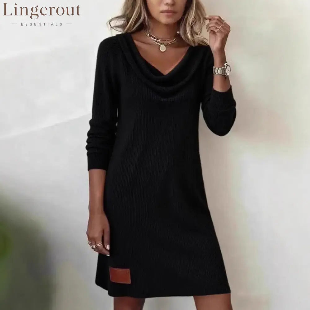 Vertical Rib Knit Cowl Neck Long Sleeve Mini Sweater Dress - Black / S
