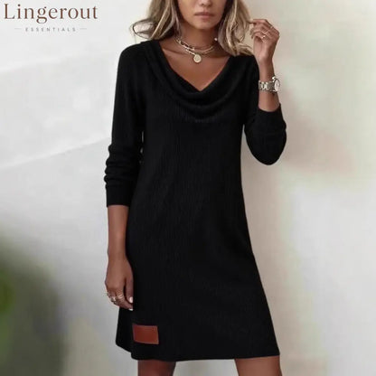 Vertical Rib Knit Cowl Neck Long Sleeve Mini Sweater Dress - Black / S