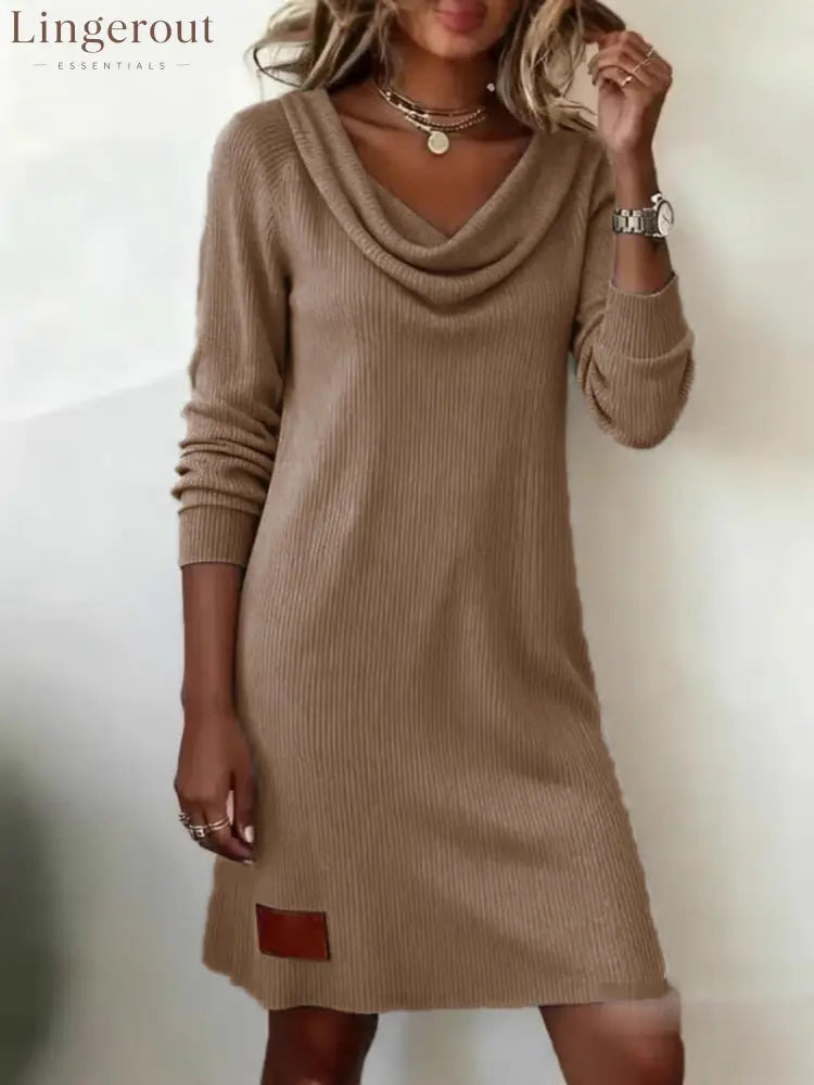 Vertical Rib Knit Cowl Neck Long Sleeve Mini Sweater Dress - Khaki / S