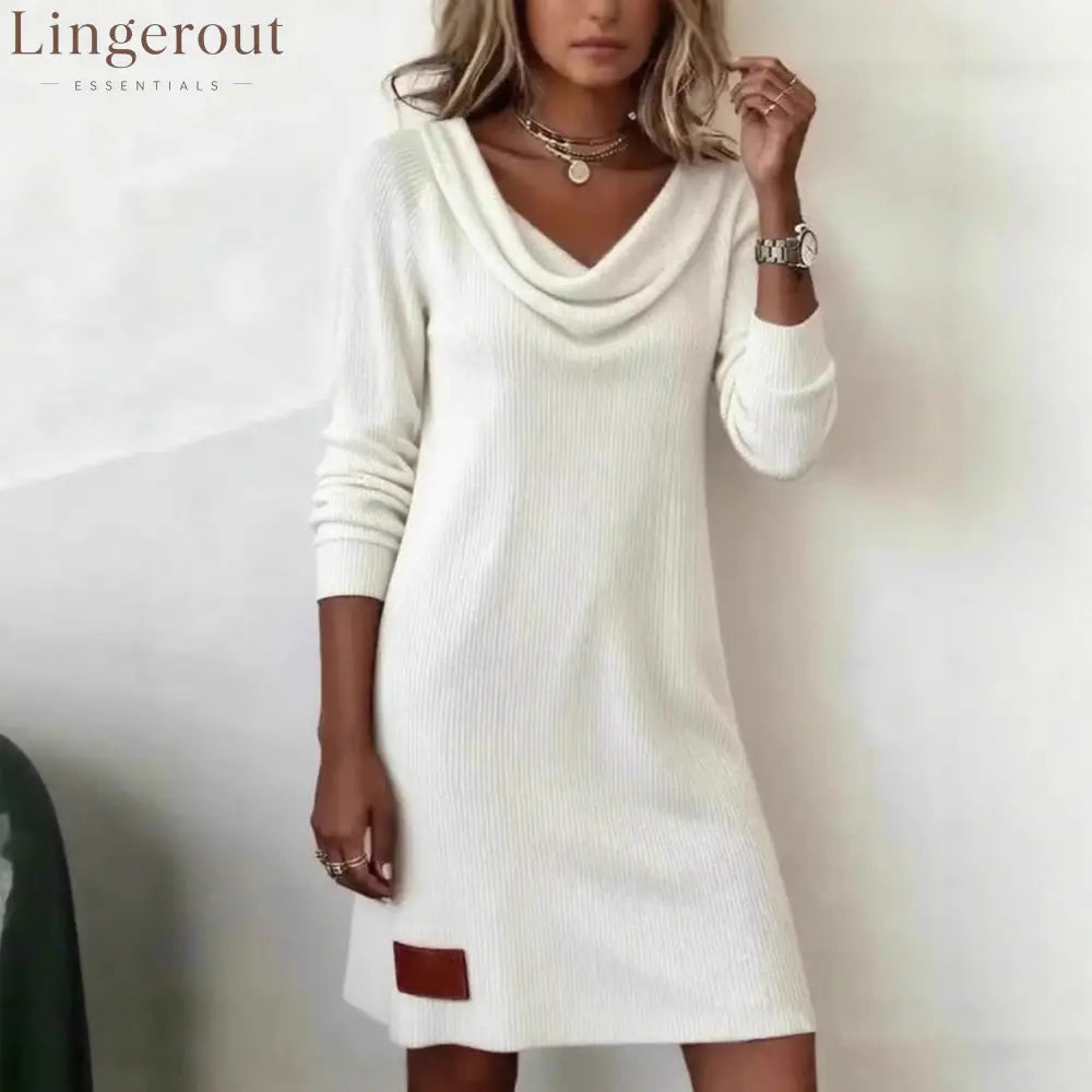 Vertical Rib Knit Cowl Neck Long Sleeve Mini Sweater Dress - White / S